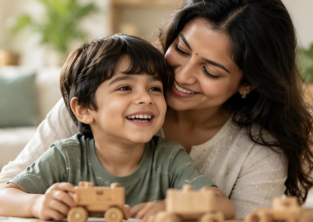 Mother and child playing with wooden toys
