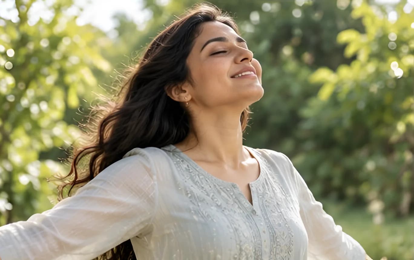 Woman taking a calm breath outdoors among trees